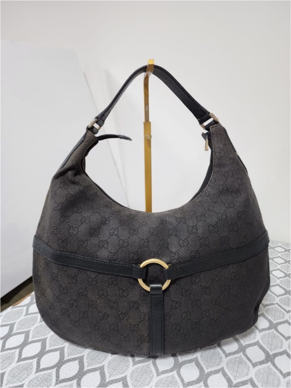 Authentic Gucci Canvas Reins Hobo Bag Black